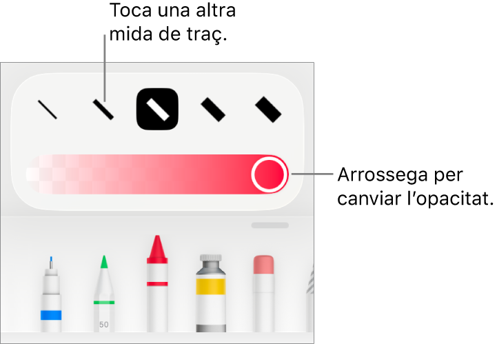 Controls per triar una mida de traç i un regulador per ajustar‑ne l’opacitat.