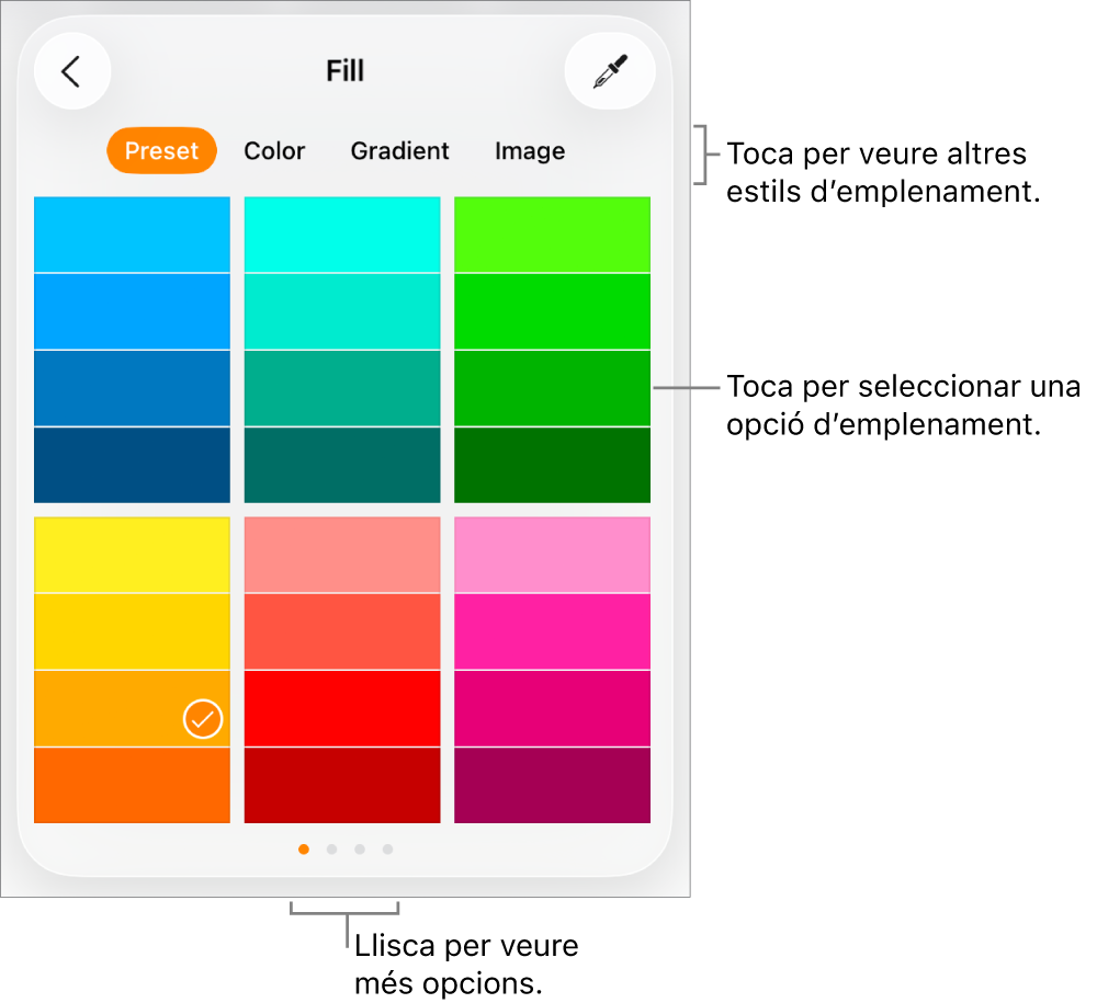 Opcions d’emplenament de la pestanya Estil del botó Format.