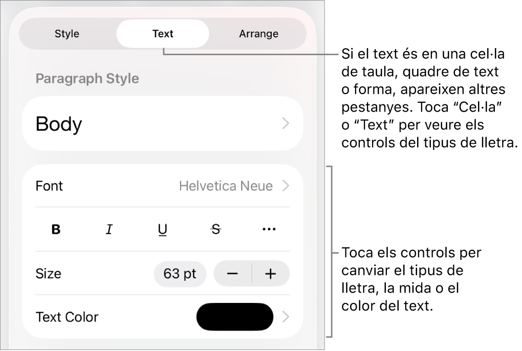 Controls de text al menú Format per definir els estils de paràgraf i de caràcter, el tipus de lletra, la mida i el color.