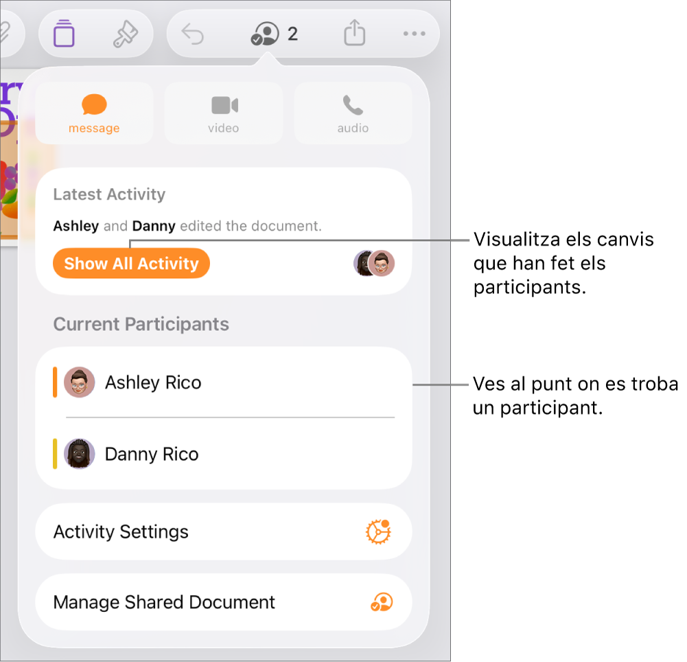 Menú de col·laboració amb una llista dels participants actuals.