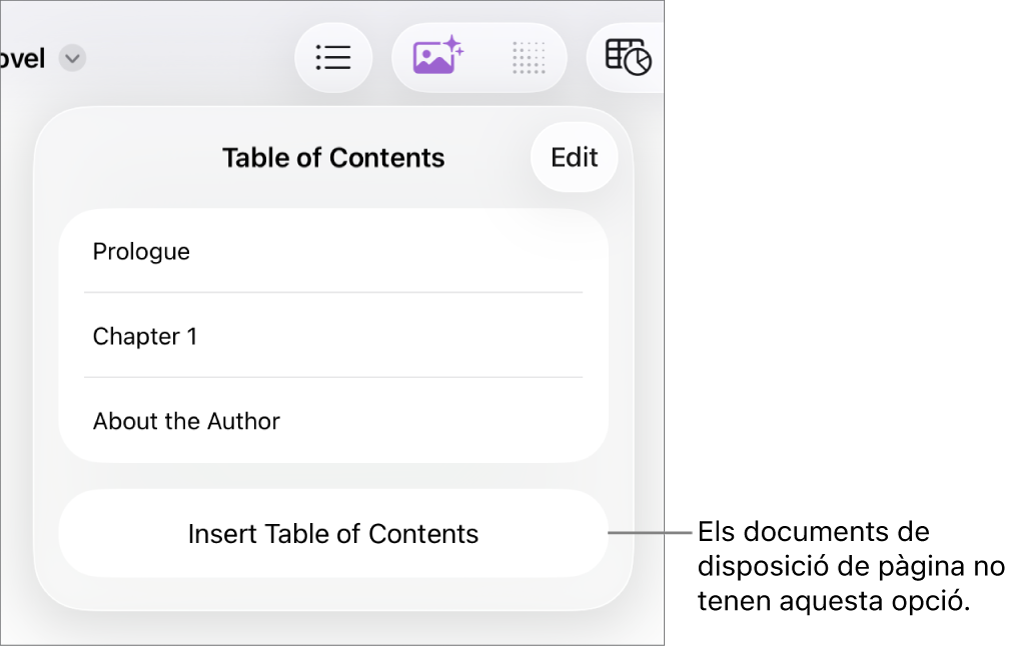 La vista “Taula de continguts” amb “Edita” a l’angle superior dret, entrades de la taula de continguts i el botó “Insereix una taula de continguts” a la part inferior.