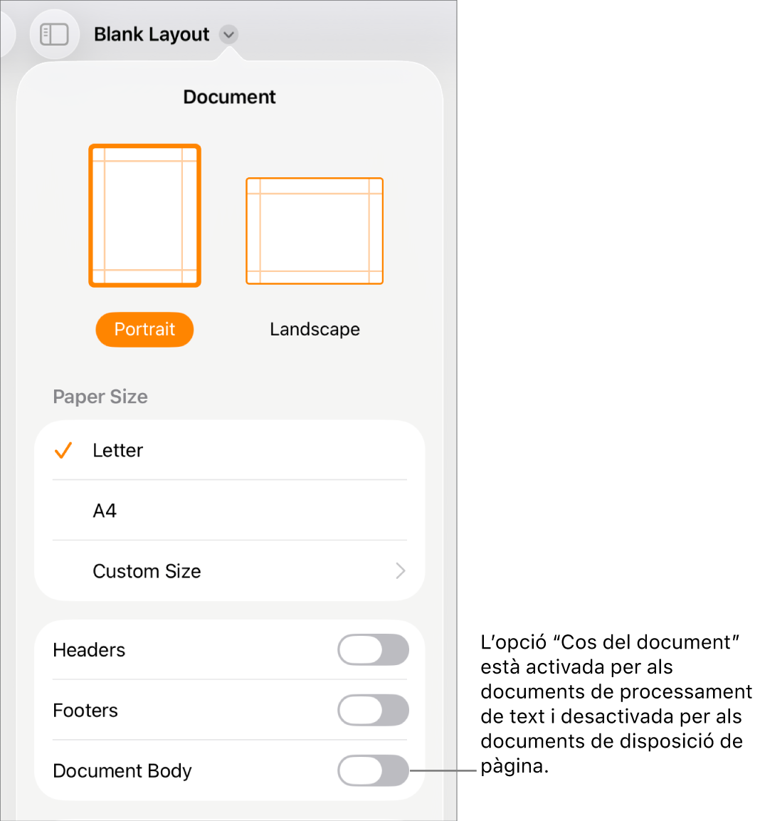 Els controls de “Format del document” amb l’opció “Cos del document” activada cap a la part inferior de la pantalla.