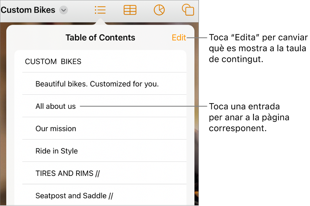 La vista de taula de contingut amb entrades en una llista. El botó “Edita” a l’angle superior dret de la visualització.