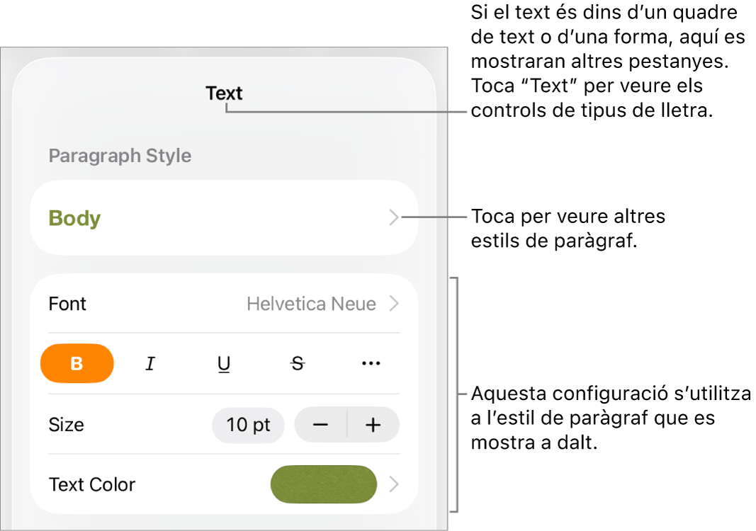 El menú Format amb els controls de text per definir els estils de paràgraf i de caràcter, el tipus de lletra, la mida i el color.