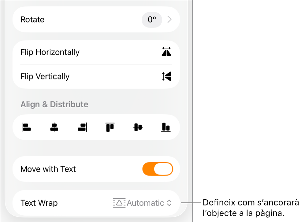 Els controls de format amb la pestanya “Disposició” seleccionada amb “Mou a sota/a sobre”, “Mou amb el text” i “Ajusta el text”.