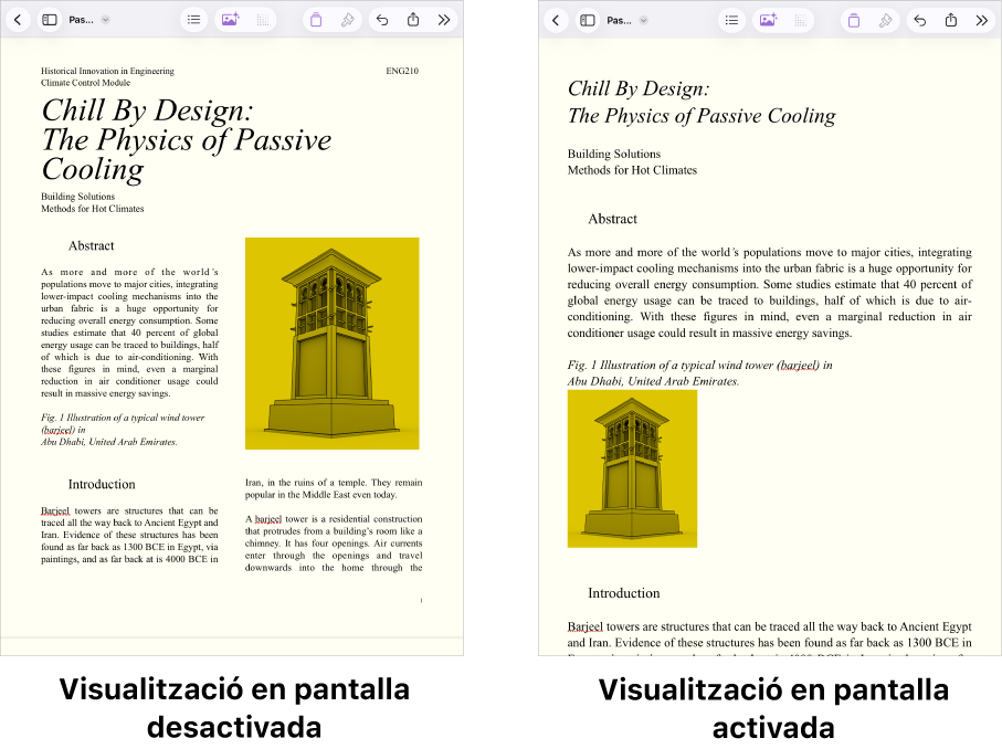 Dues visualitzacions del mateix document del Pages; una amb la visualització en pantalla activada i l’altra amb la visualització en pantalla desactivada. A la versió que té la visualització en pantalla activada, la mida del text s’ajusta a la pantalla i s’oculten els salts de pàgina i les capçaleres.