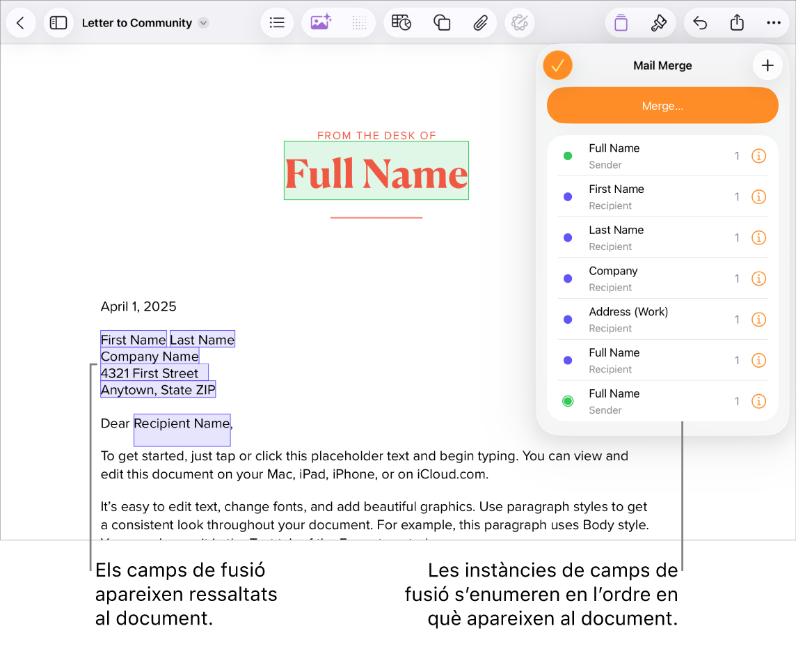 Un document del Pages en què es mostren els camps de fusió de destinatari i remitent, i la llista d’instàncies de camp de fusió visible a la barra lateral del document.