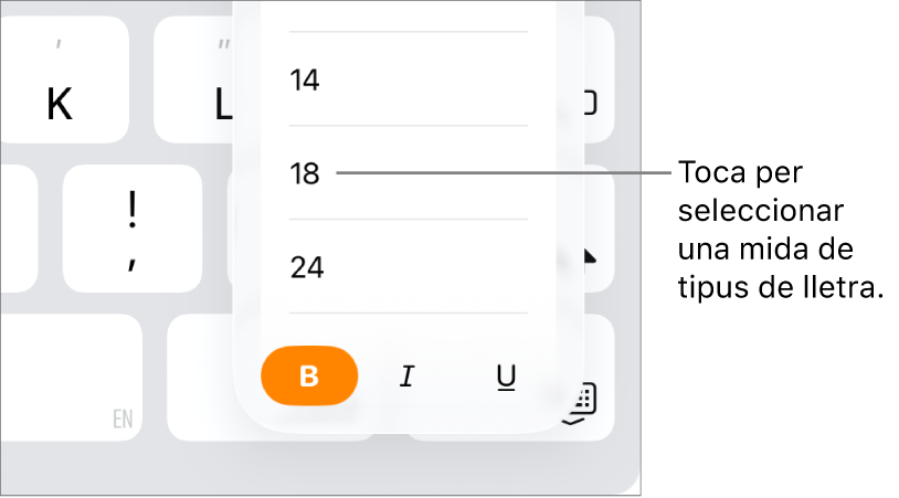 El botó “Mida de lletra” a la part dreta del teclat de l’iPad amb el menú “Mida de lletra” obert. Les mides de lletra estàndard del govern de la Xina continental es mostren a la part superior del menú amb les mides en punts a sota.