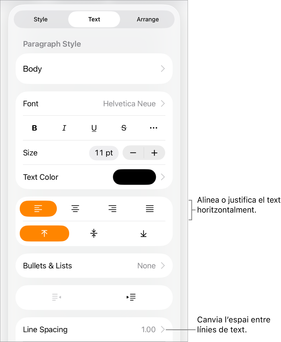 El botó “Controls de format” amb la pestanya Text seleccionada i llegendes per als botons d’alineació de text i a l’ítem de menú Interlineat.