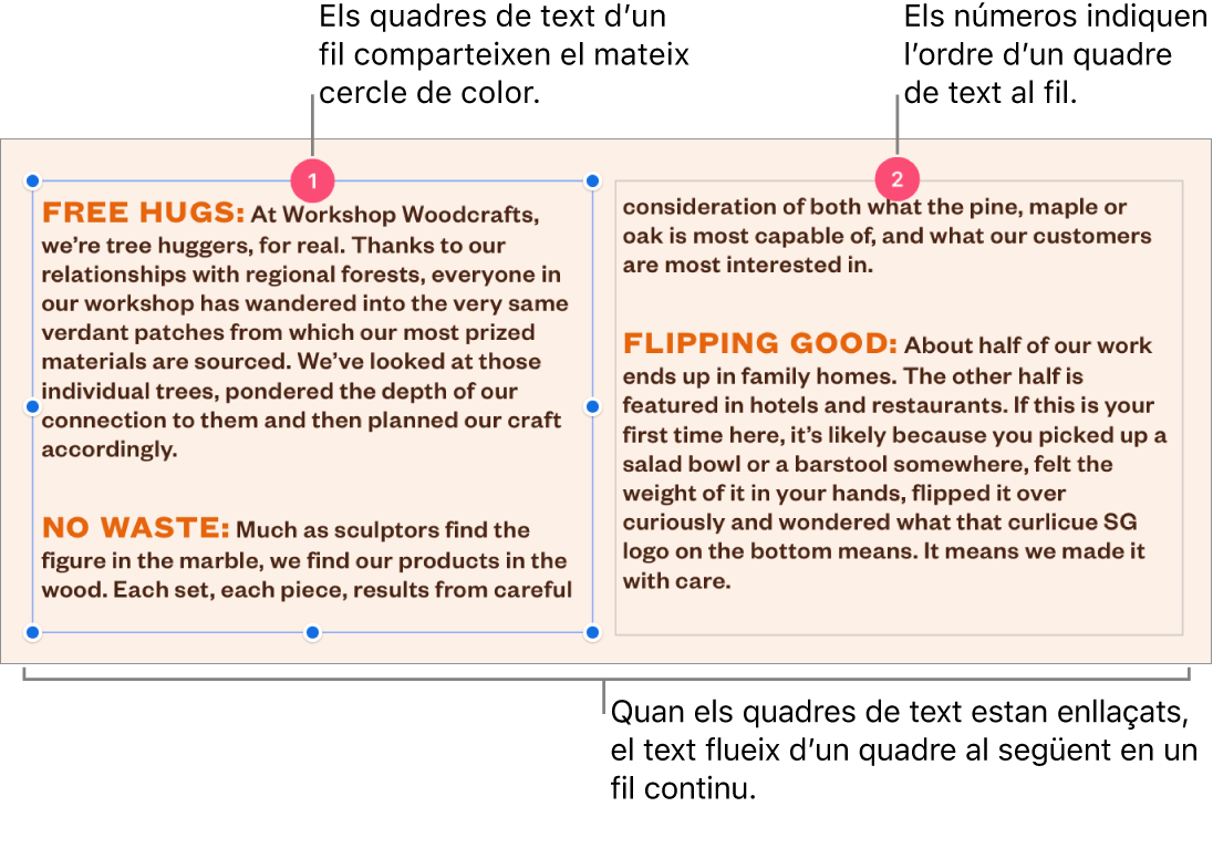 Dos quadres de text amb cercles de color morat a la part superior i els números 1 i 2 als cercles.