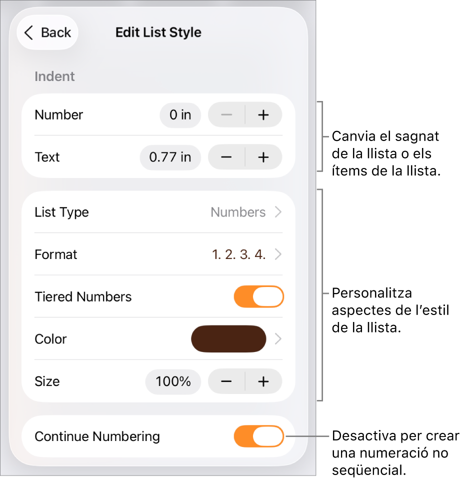 El menú “Edita l’estil de llista” en què es mostren els controls de l’espaiat de sagnat, tipus i format de la llista, numeració progressiva, color i mida de la llista i numeració contínua.