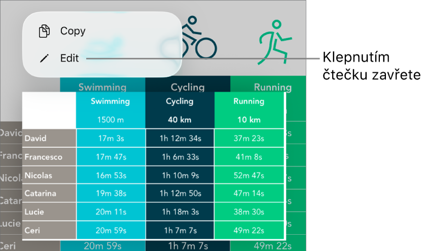 Je vidět vybraná buňka tabulky; nad ní se nachází nabídka s tlačítky Kopírovat a Upravit