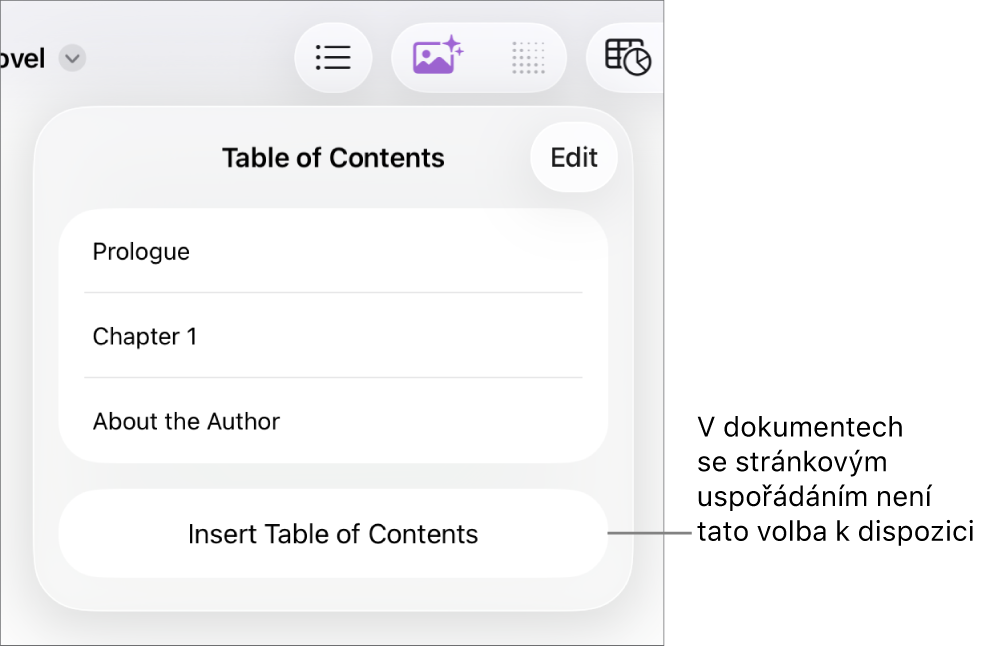Zobrazení přehledu obsahu s jednotlivými položkami obsahu, s tlačítkem Upravit v pravém horním rohu a dole s tlačítkem Vložit přehled obsahu
