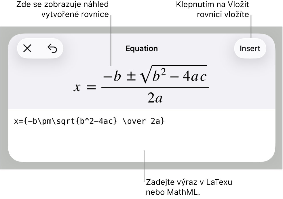 Dialogové okno Rovnice, v němž se zobrazuje zápis rovnice pomocí příkazů jazyka MathML a nad ním náhled výsledného vzorce