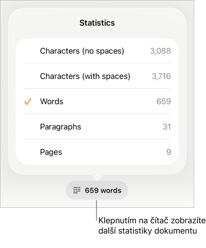 Rozbalená nabídka čítače slov ukazující volby pro zobrazení počtu znaků bez mezer a s mezerami, počet slov, počet odstavců a počet stránek.