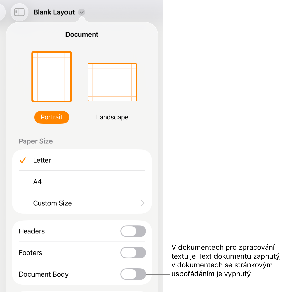 Ovládací prvky formátování se zapnutou volbou Text dokumentu u dolního okraje obrazovky