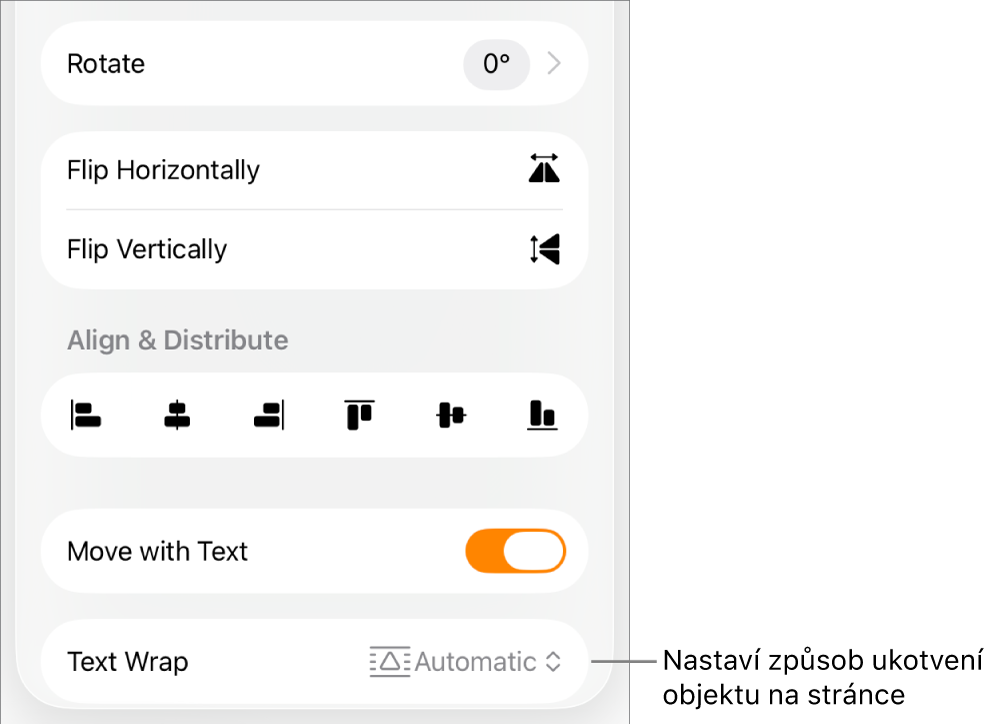 Ovládací prvky formátování s vybraným panelem Rozložení a s ovládacími prvky Přesunout na pozadí/do popředí, V textu a Obtékání textu