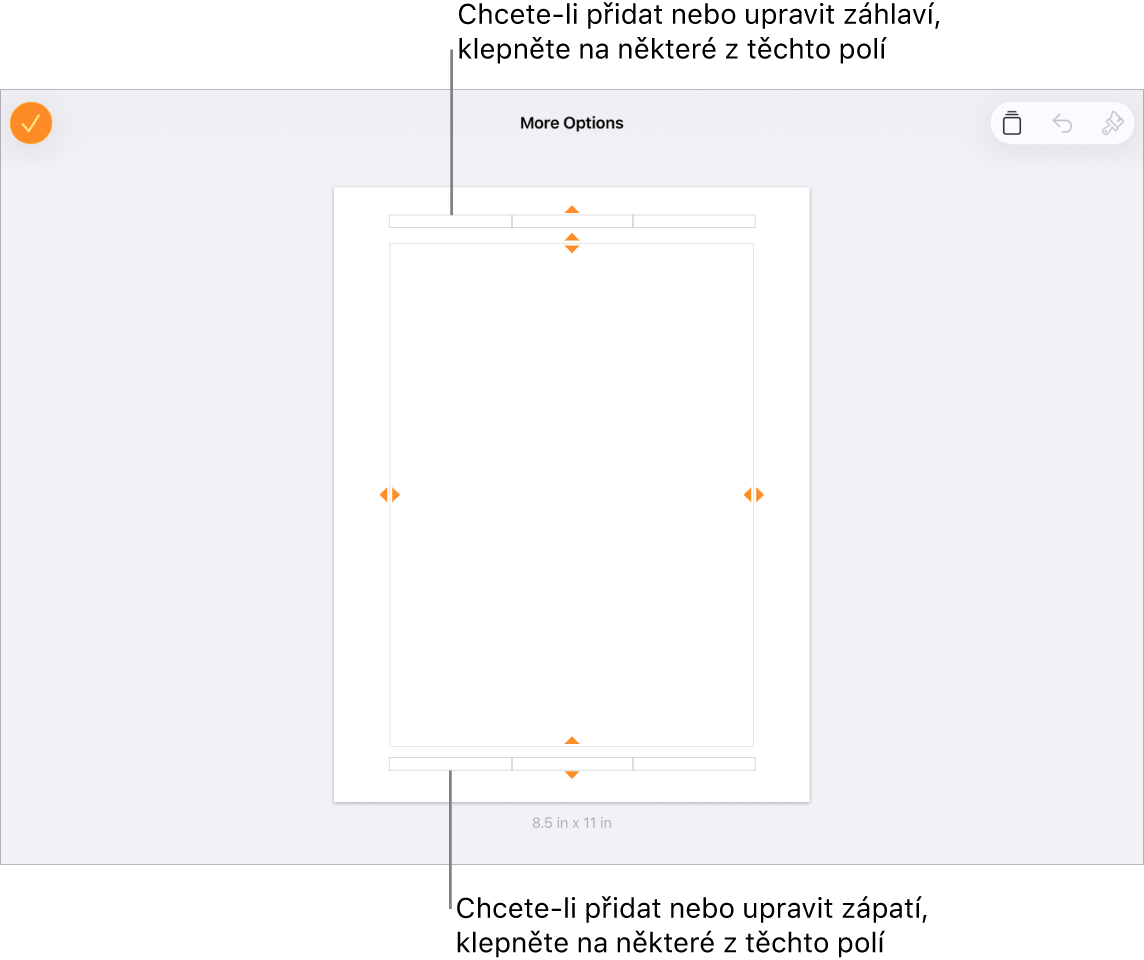 Zobrazení Další volby, v němž jsou u horního okraje dokumentu vidět tři pole pro záhlaví a u dolního okraje tři pole pro zápatí
