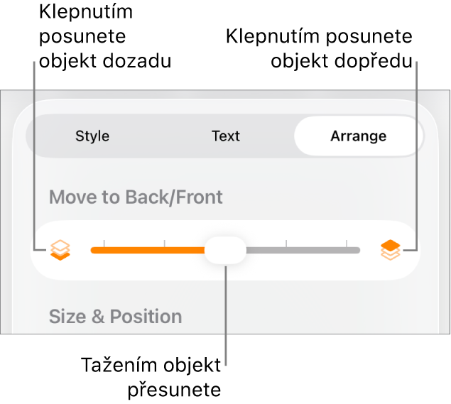 Tlačítko pro přesun vzad, tlačítko pro přesun vpřed a posuvník vrstev