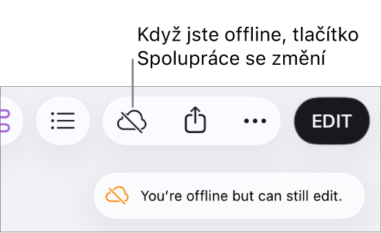 Na obrazovce se zobrazí upozornění „Jste v offline režimu, můžete však nadále provádět úpravy.“