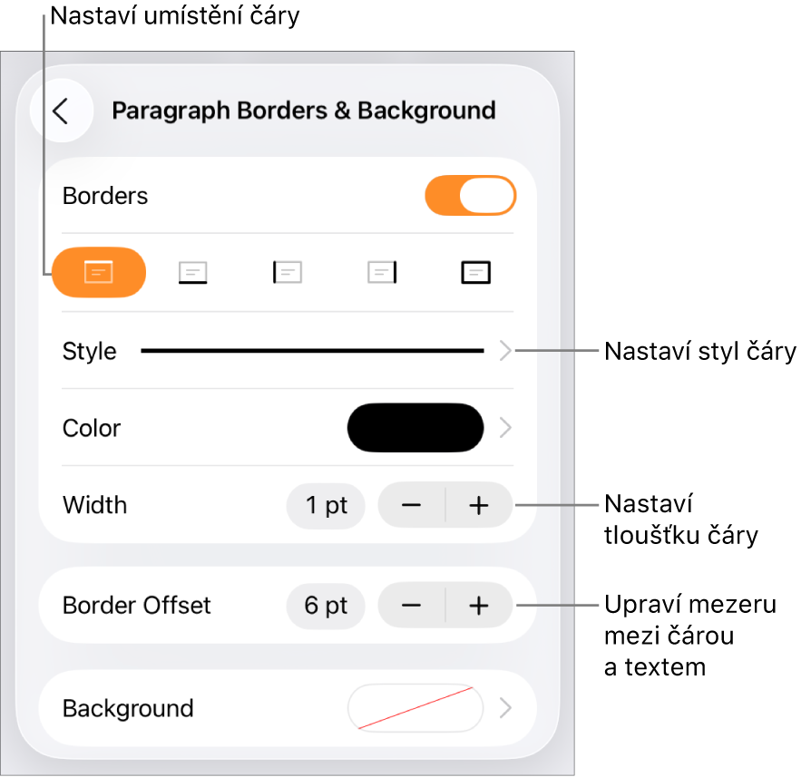 Ovládací prvky pro změnu stylu čáry, její tloušťky, umístění a barvy