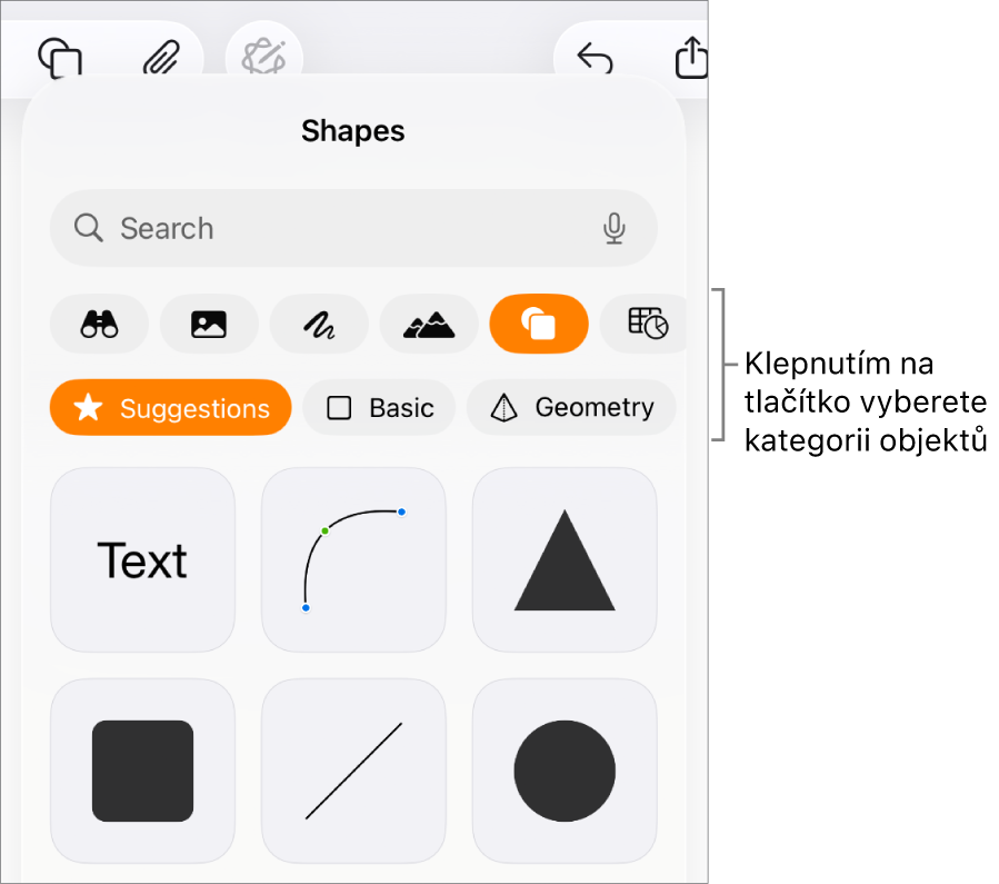 Ovládací prvky pro přidání objektu. V horní části se nacházejí tlačítka sloužící k výběru tabulek, grafů, tvarů (včetně čar a textových rámečků) a médií.