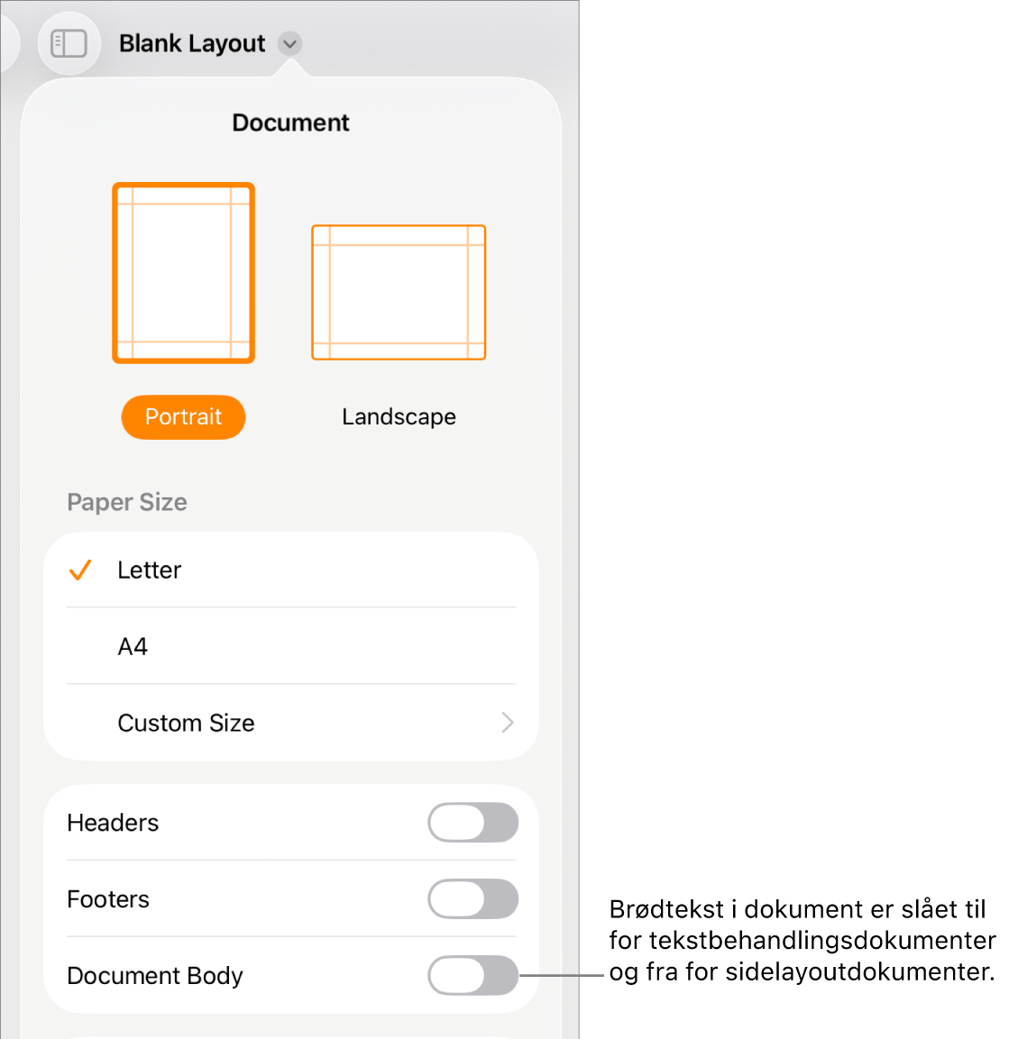Betjeningsmulighederne til Format med Brødtekst i dokument slået til nær bunden af skærmen.