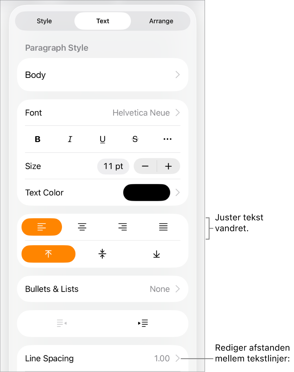 Knappen Format med fanen Tekst valgt og billedforklaringer til tekstjusteringsknapperne og menuemnet Linjeafstand.