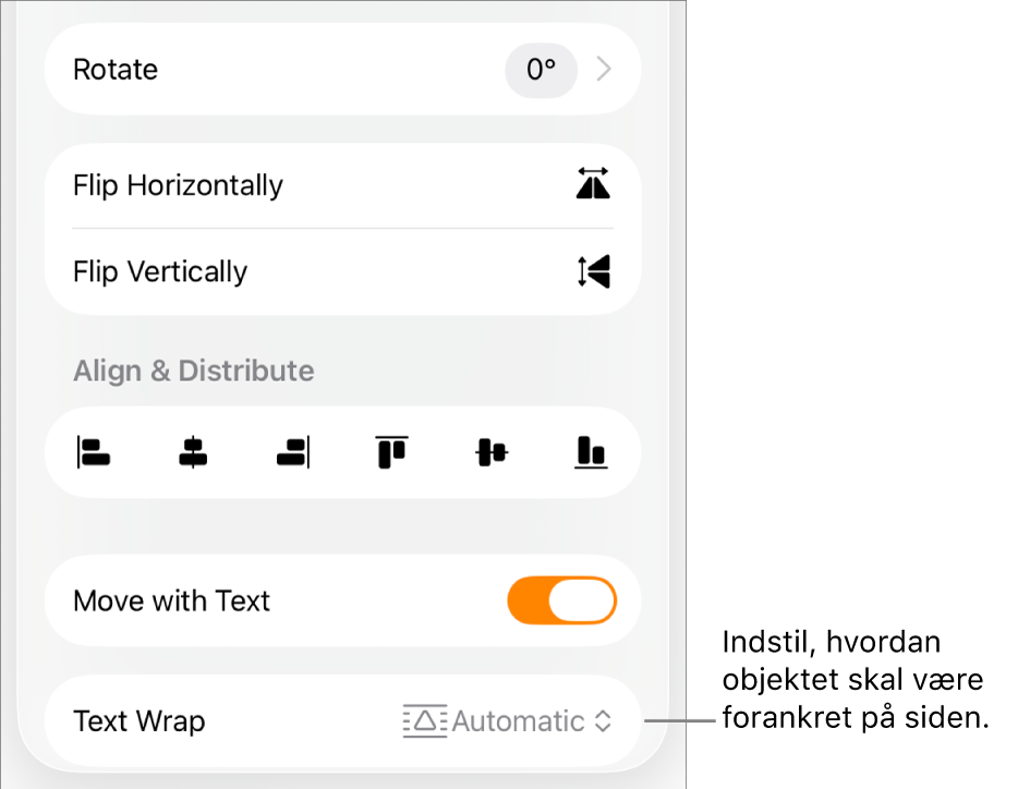 Betjeningsmulighederne til Format med fanen Arranger valgt og betjeningsmulighederne til Flyt bagved/foran, Flyt med tekst og Tekstombrydning.