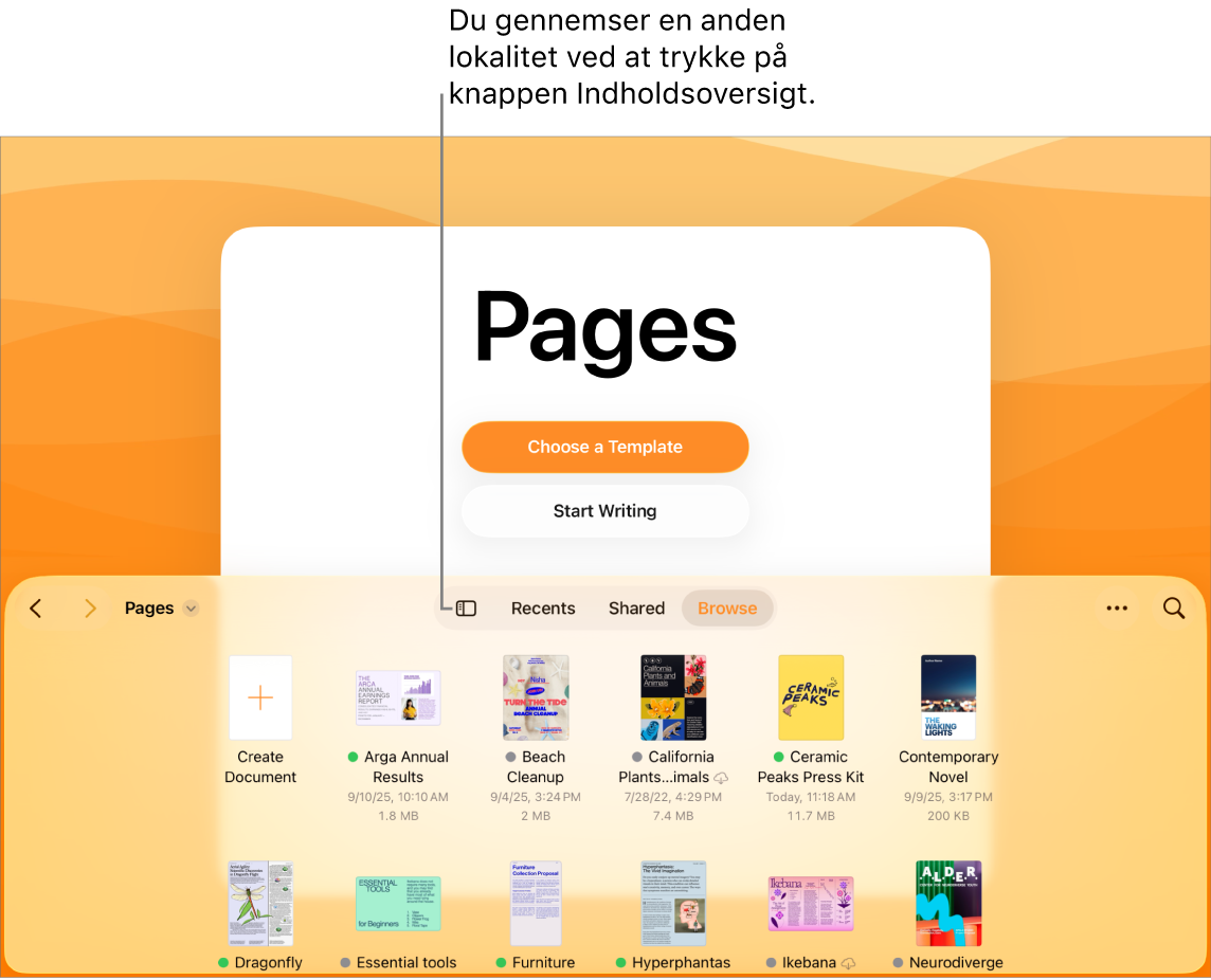 'Gennemse' er valgt i Dokumentadministrationen. Knappen Indholdsoversigt findes her i øverste venstre hjørne. Øverst til højre er knapperne Tilføj, Ny mappe og Symboler (som kan sorteres efter navn, dato, størrelse eller mærke), knappen Vælg og knappen Søg. Derunder er der miniaturer af eksisterende dokumenter.