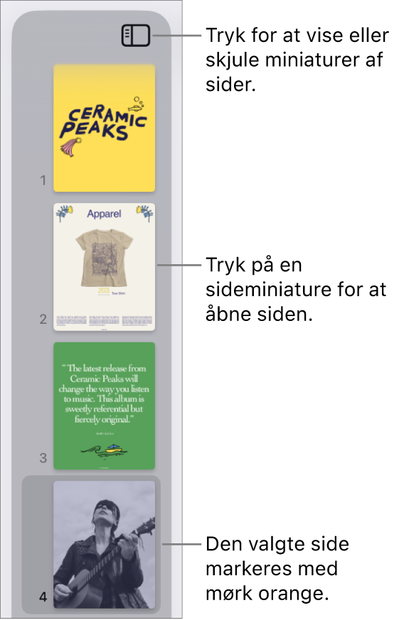Oversigten Miniaturer af sider i venstre side af skærmen med en side markeret. Over miniaturerne ses knappen Oversigtsvalg.