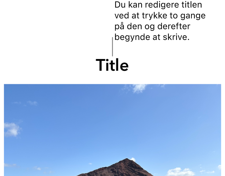 Eksempeltitlen “Titel” vises under et foto, og en blå kontur rundt om feltet med titlen viser, at det er valgt.