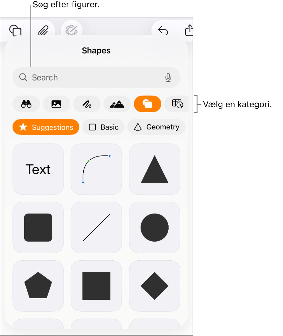 Figurbiblioteket med kategorier øverst og figurer vist nedenunder. Du kan bruge søgefeltet øverst til at finde figurer og skubbe for at se flere.