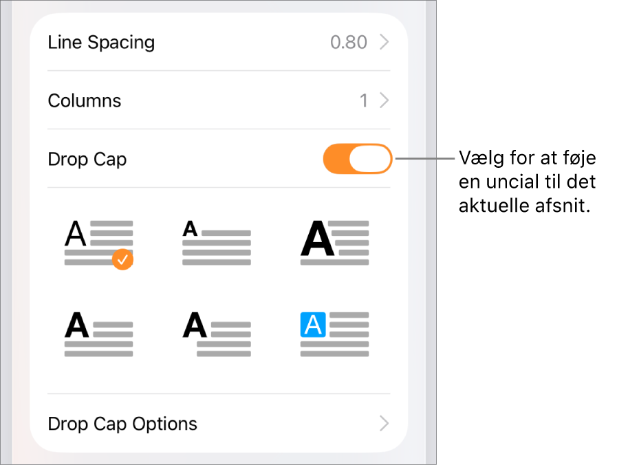 Betjeningsmulighederne til Uncial placeret i menuen Tekst.