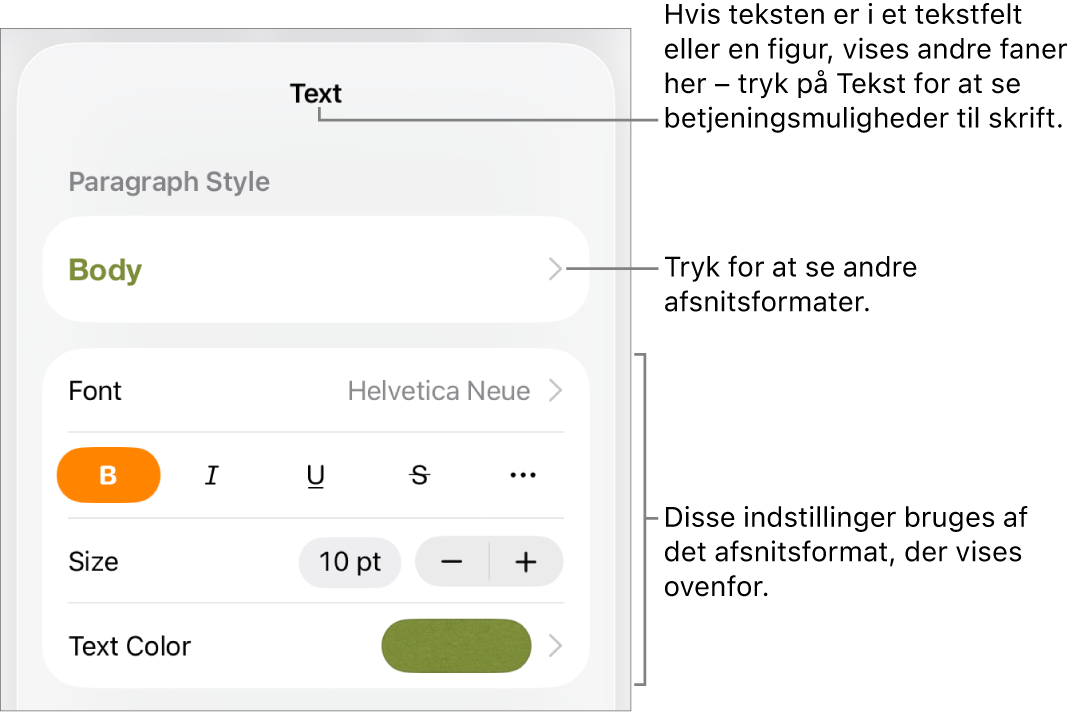 Menuen Format, der viser betjeningsmuligheder til tekst til indstilling af afsnits- og tegnformater, skrift, størrelse og farve.