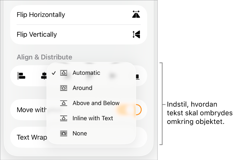 Betjeningsmulighederne til Format, hvor fanen Arranger er valgt. Herunder ses betjeningsmulighederne til Tekstombrydning med Flyt bagved/foran, Flyt med tekst og Tekstombrydning.