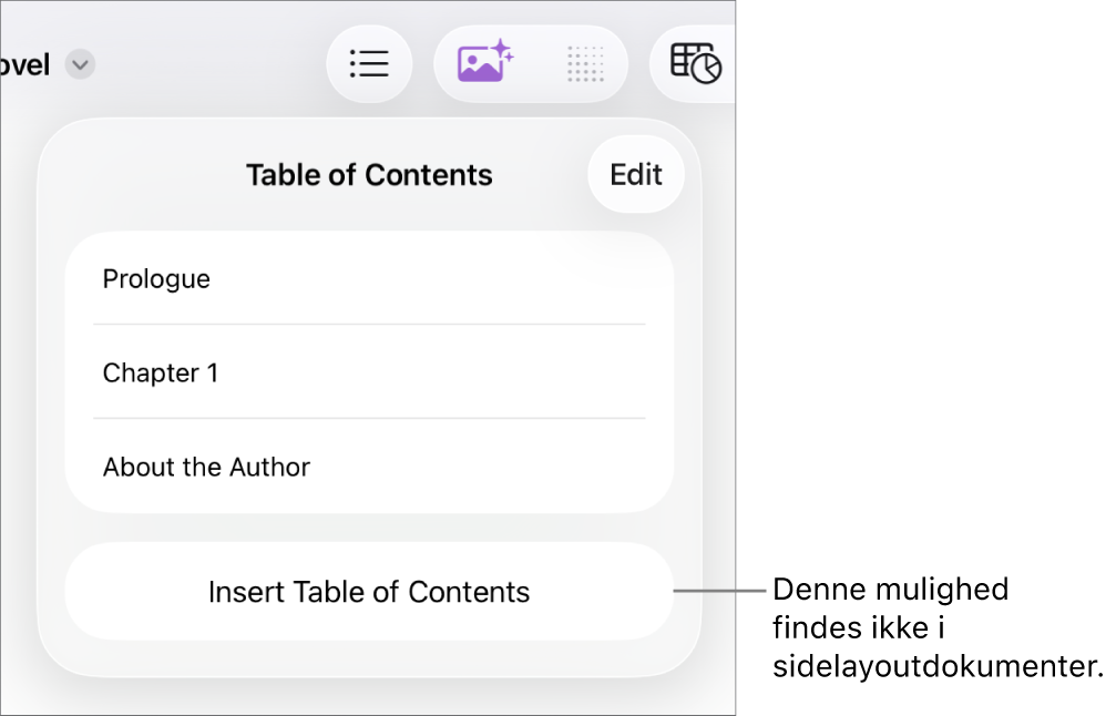 Oversigten med indholdsfortegnelsen med Rediger øverst til højre, indholdsfortegnelsens punkter og knappen Indsæt indholdsfortegnelse nederst.