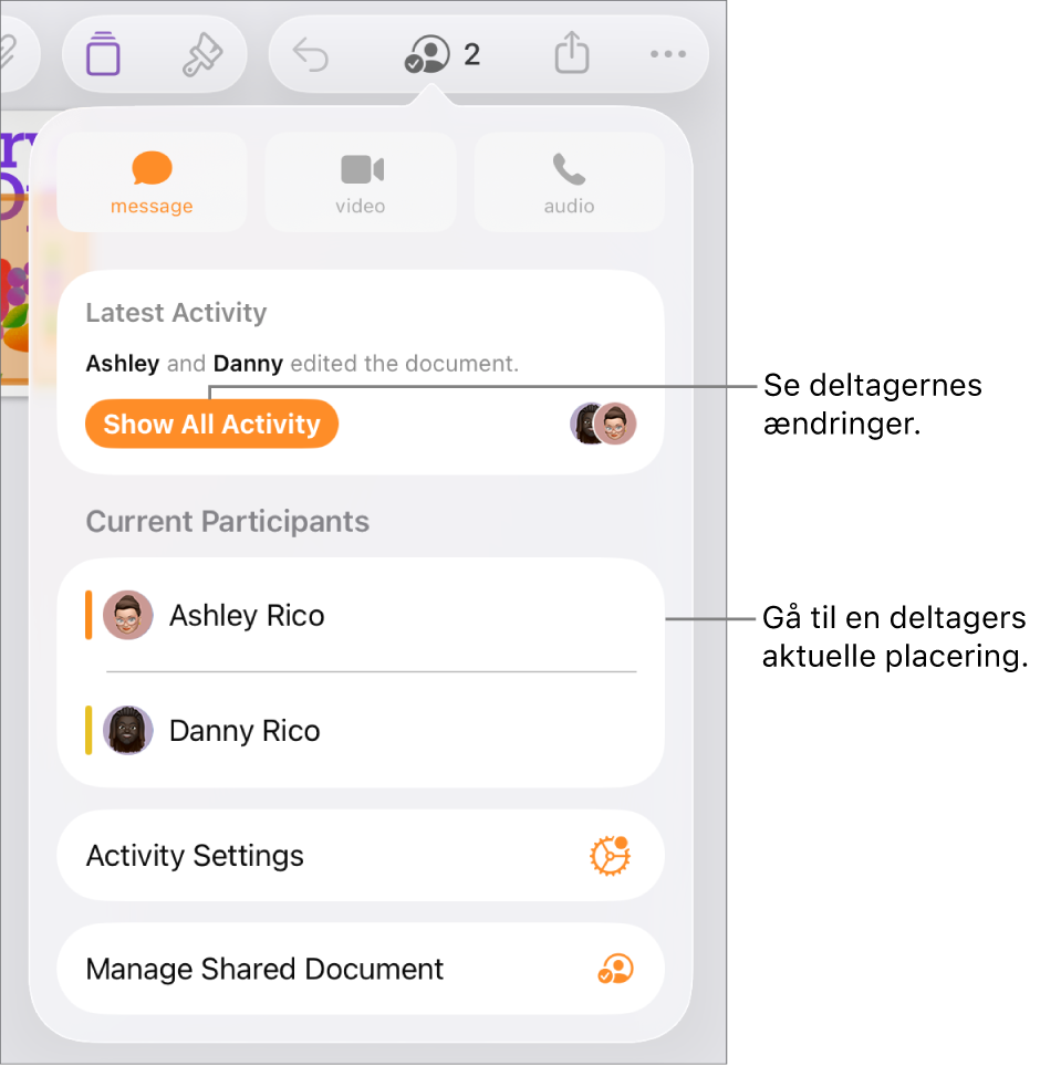 Samarbejdsmenuen, hvor aktuelle deltagere er angivet.
