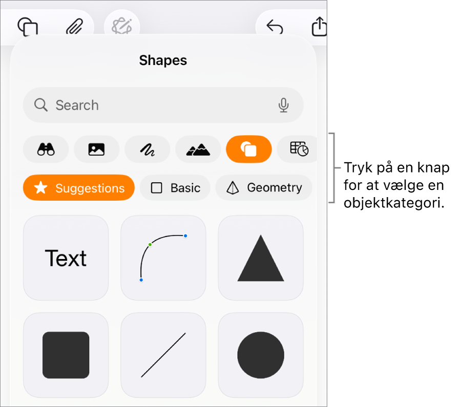 Betjeningsmulighederne til tilføjelse af et objekt med knapper øverst til valg af tabeller, diagrammer, figurer (herunder streger og tekstfelter) og medier.