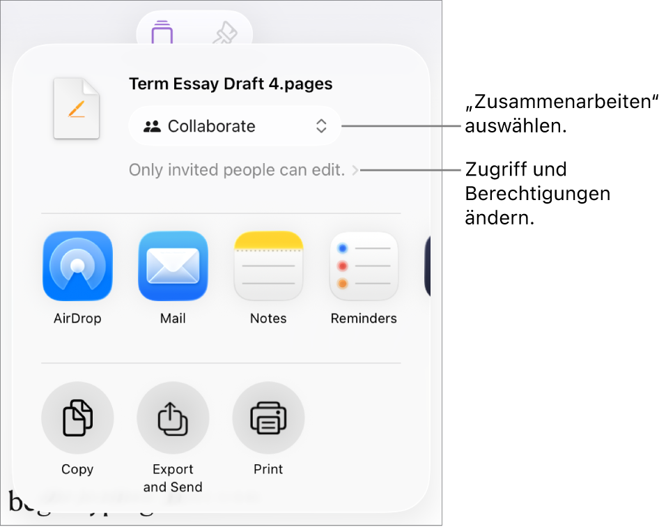 Im Menü „Teilen“ ist „Zusammenarbeiten“ oben ausgewählt und die Einstellungen für Zugriff und Berechtigungen befinden sich darunter.