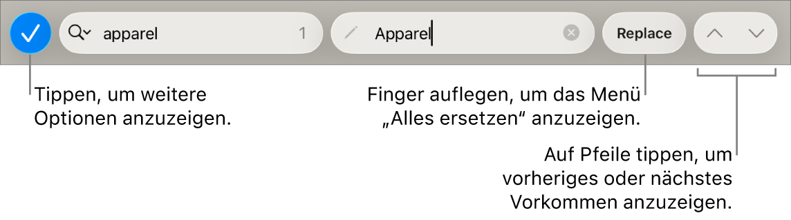 Die Steuerelemente „Suchen & Ersetzen“ über der Tastatur mit Beschreibungen zur Taste für Suchoptionen, zur Taste „Ersetzen“ und zu den Aufwärts- und Abwärts-Tasten