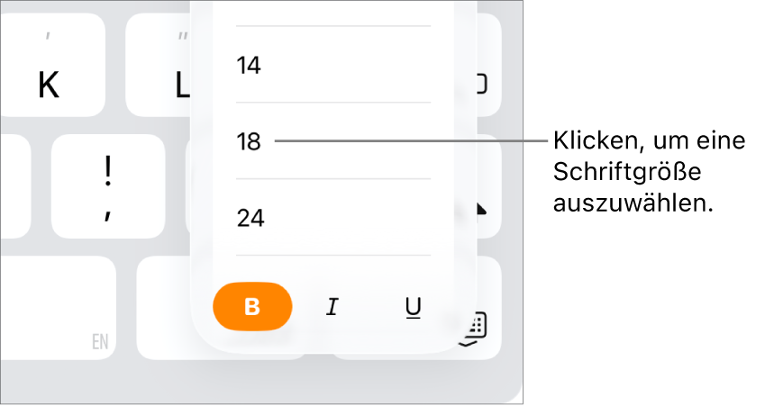 Die Taste für die Schriftgröße auf der rechten Seite der iPad-Tastatur mit dem geöffneten Einblendmenü „Schriftgröße“. Die chinesischen Standardschriftgrößen (China, Festland) werden oben im Menü angezeigt, die Punktgrößen befinden sich darunter.