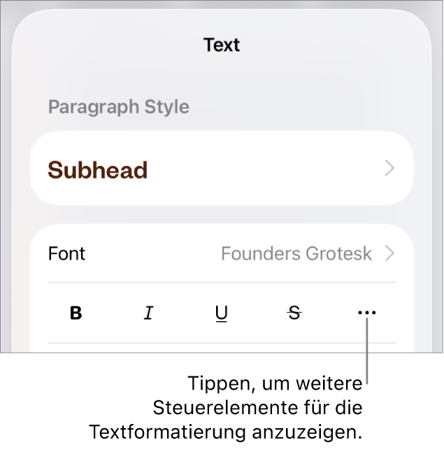 Der Tab „Text“ der Formatsteuerungen mit einer Beschreibung für die Taste „Weitere Textoptionen“.