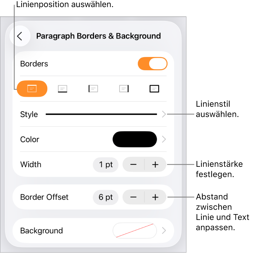 Steuerelemente, um Stil, Stärke, Position und Farbe der Linie zu ändern.