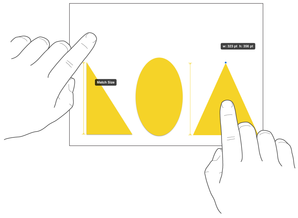 Ein Finger knapp über einer Form, ein zweiter Finger fest auf einem Objekt und eingeblendete Option „Größe anpassen“