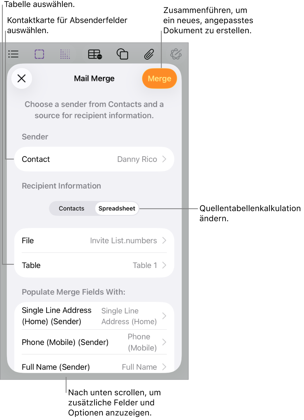 Der geöffnete Bereich „Serienbrief“ mit Optionen zum Auswählen von Absenderinformationen, Ändern der Quelldatei oder -tabelle, Anzeigen einer Vorschau der Serienbrieffeld-Namen oder Erstellen des Serienbrief-Dokuments.