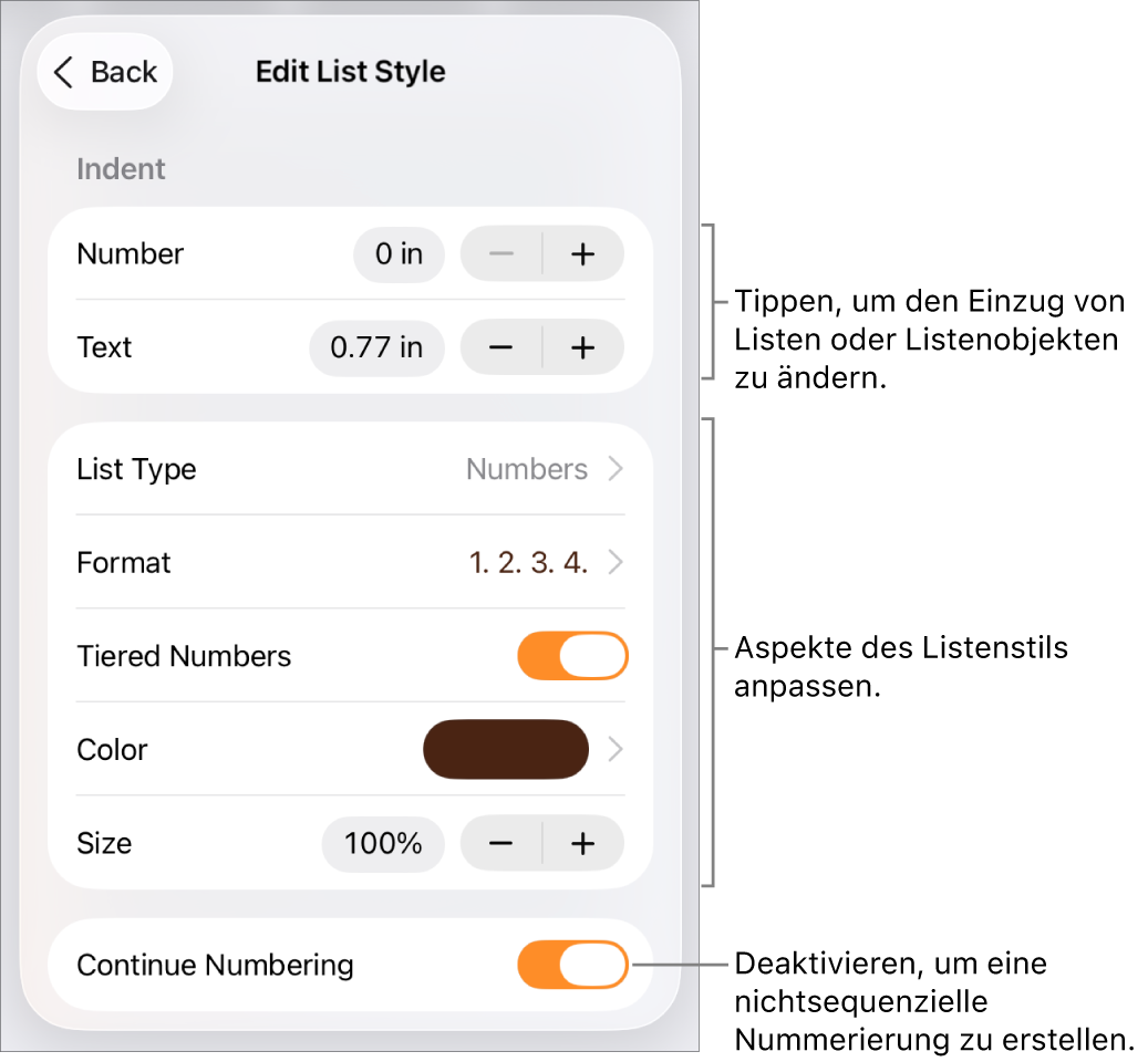 Das Menü „Listenstil bearbeiten“ mit Steuerelementen für Einzug, Listenart und -format, abgestufte Nummerierung, Listenfarbe und -größe sowie kontinuierliche Nummerierung.