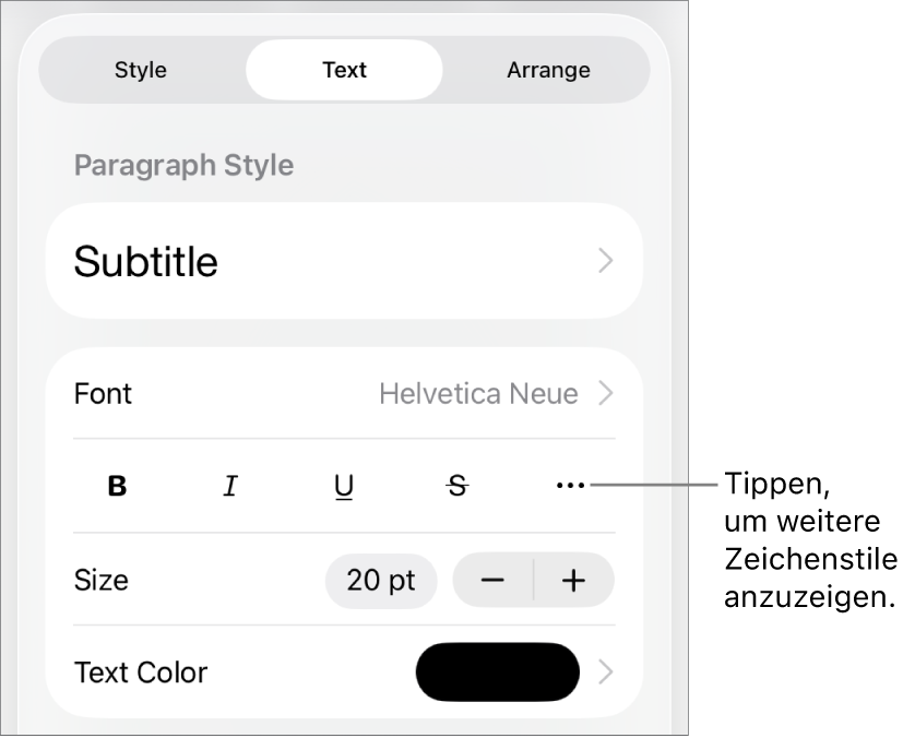 Die Steuerelemente für das Format mit Absatzstilen oben, dann die Steuerelemente für die Schrift. Unter „Schrift“ befinden sich die Tasten „Fett“, „Kursiv“, „Unterstrichen“, „Durchgestrichen“ und „Weitere Textoptionen“.