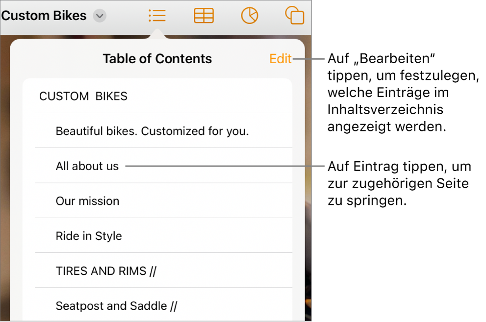 Das Inhaltsverzeichnis mit den Einträgen in Listenform. Die Taste „Bearbeiten“ befindet sich in der oberen rechten Ecke der Darstellung.