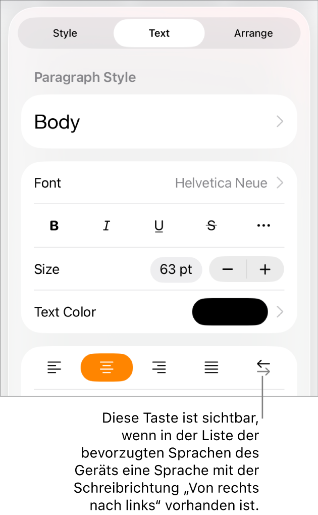Die Textsteuerelemente im Menü „Format“ mit einer Beschreibung der Taste „Von rechts nach links“
